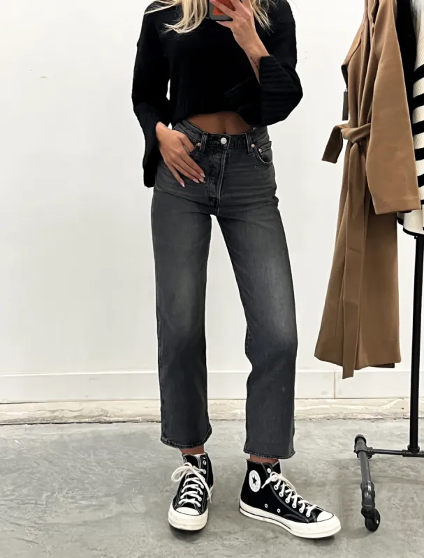 Ribcage Straight Ankle Jean | Black Worn In sold by Bella Chic