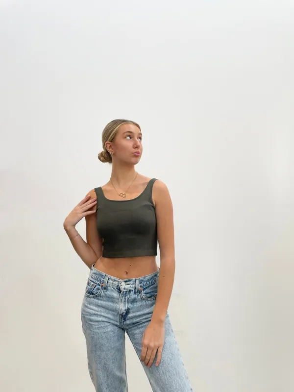 Bamboo Rib Square Neck Tank | Olive sold by Bella Chic