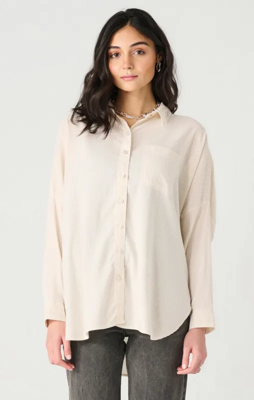 Long Sleeve Oversized Button Front Shirt | Ivory/ Beige Stripe sold by Bella Chic