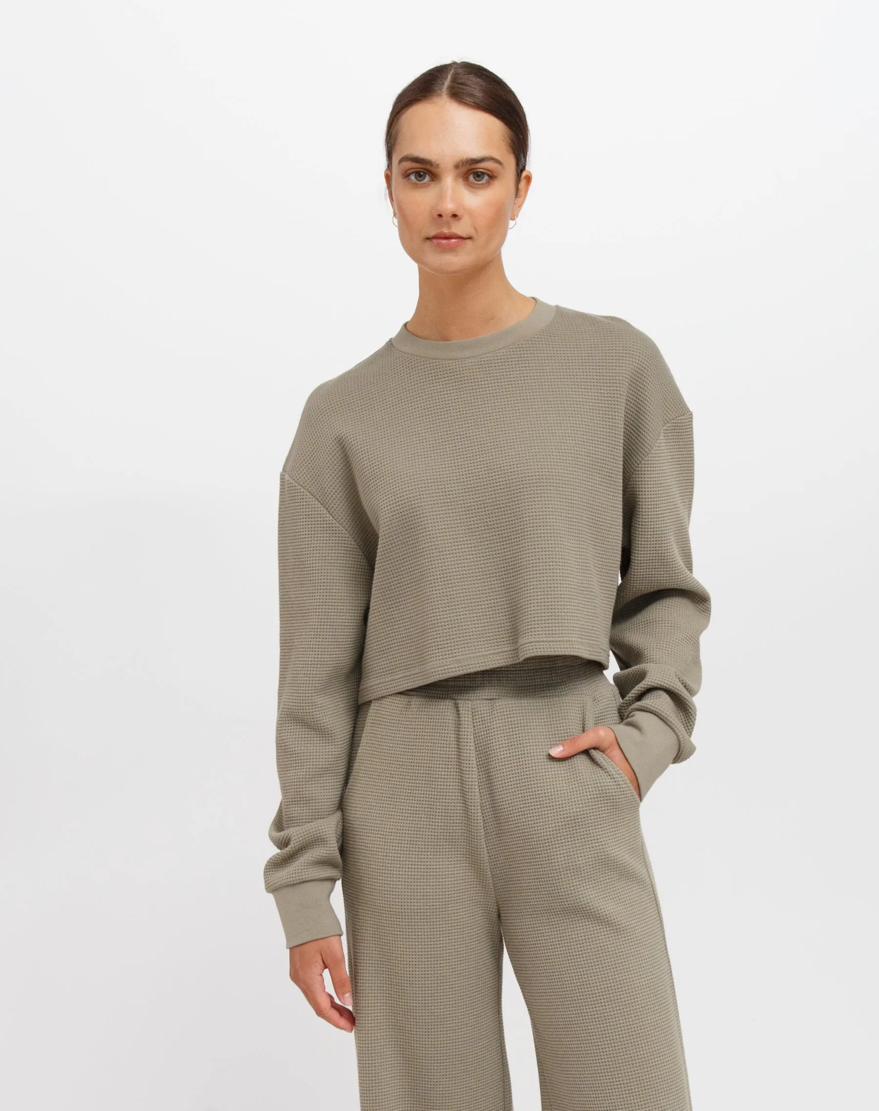 Waffle Knit Little Sister Boxy Tee | Olive sold by Bella Chic