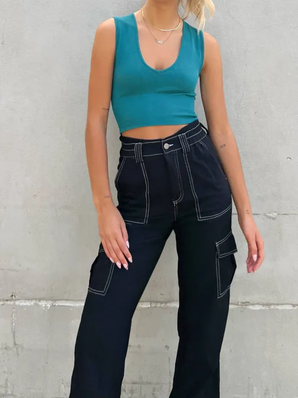 Bamboo Deep V Rib Top | Emerald sold by Bella Chic