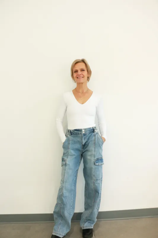 Valentina Deep V Long Sleeve Bodysuit | White sold by Bella Chic