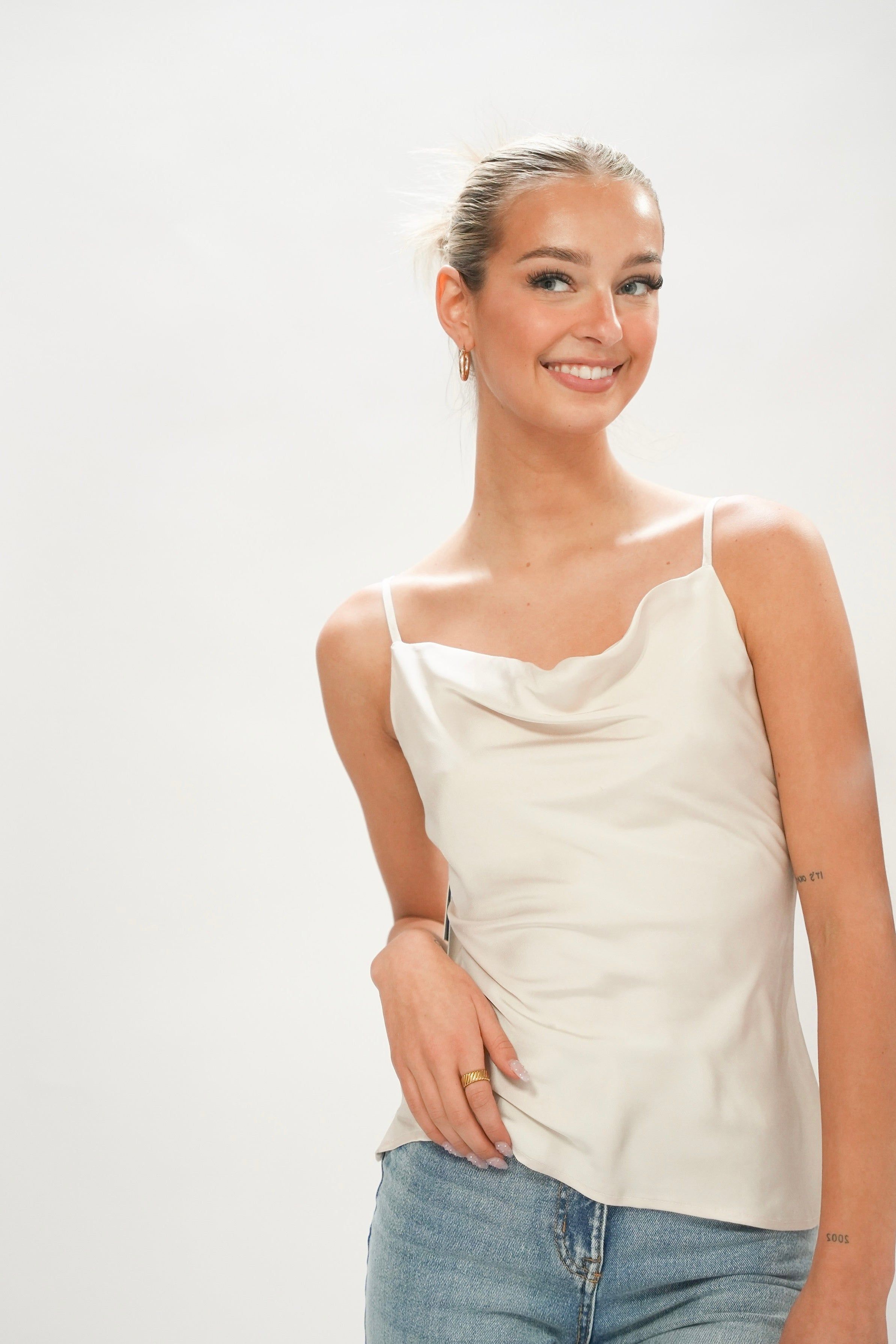 Coline Satin Cowl Tank | Truffle Salt sold by Bella Chic