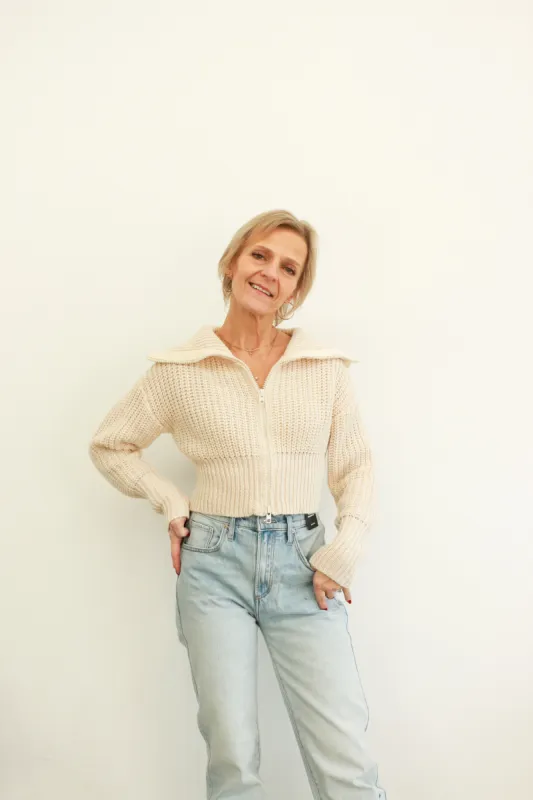 Leona Collared Zip-Up Crop Cardigan sold by Bella Chic