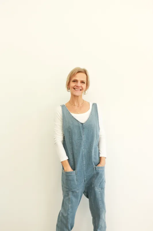 Denim Jumpsuit | Light Blue sold by Bella Chic