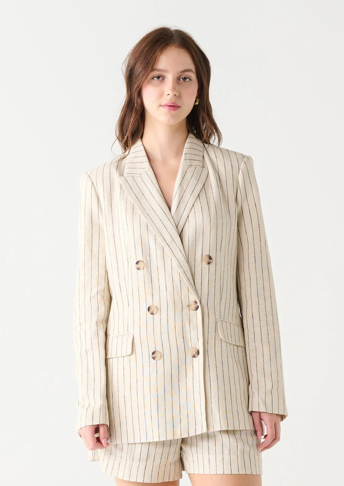 Linen Double Breasted Blazer | Oat/Charcoal Stripe sold by Bella Chic product image thumbnail 4