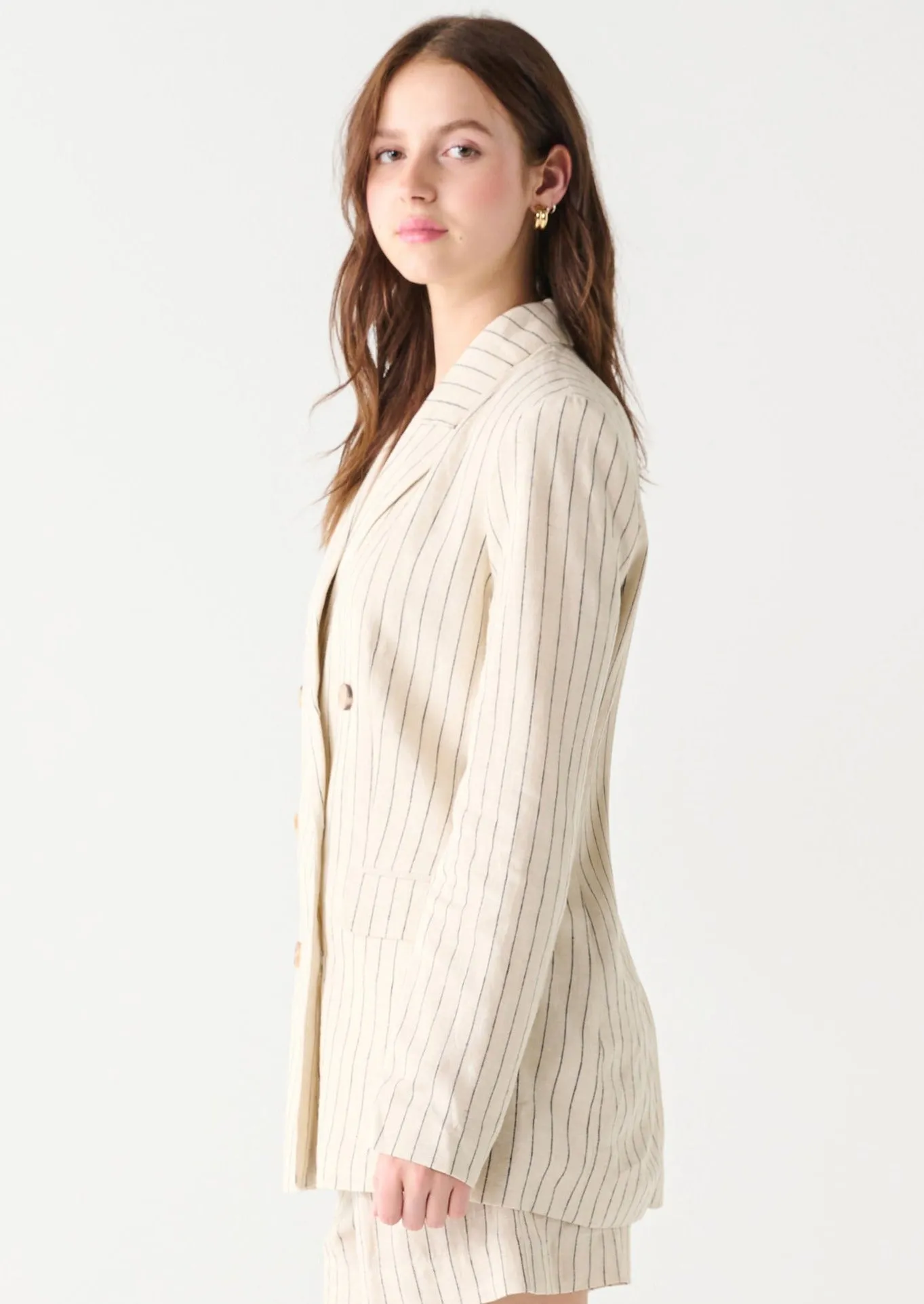 Linen Double Breasted Blazer | Oat/Charcoal Stripe sold by Bella Chic product image thumbnail 3