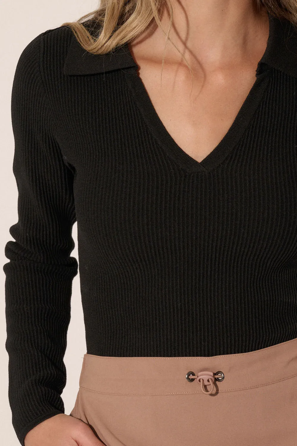 Shaper Rib-Knit Collared V-Neck Top | Black sold by Bella Chic product image thumbnail 5