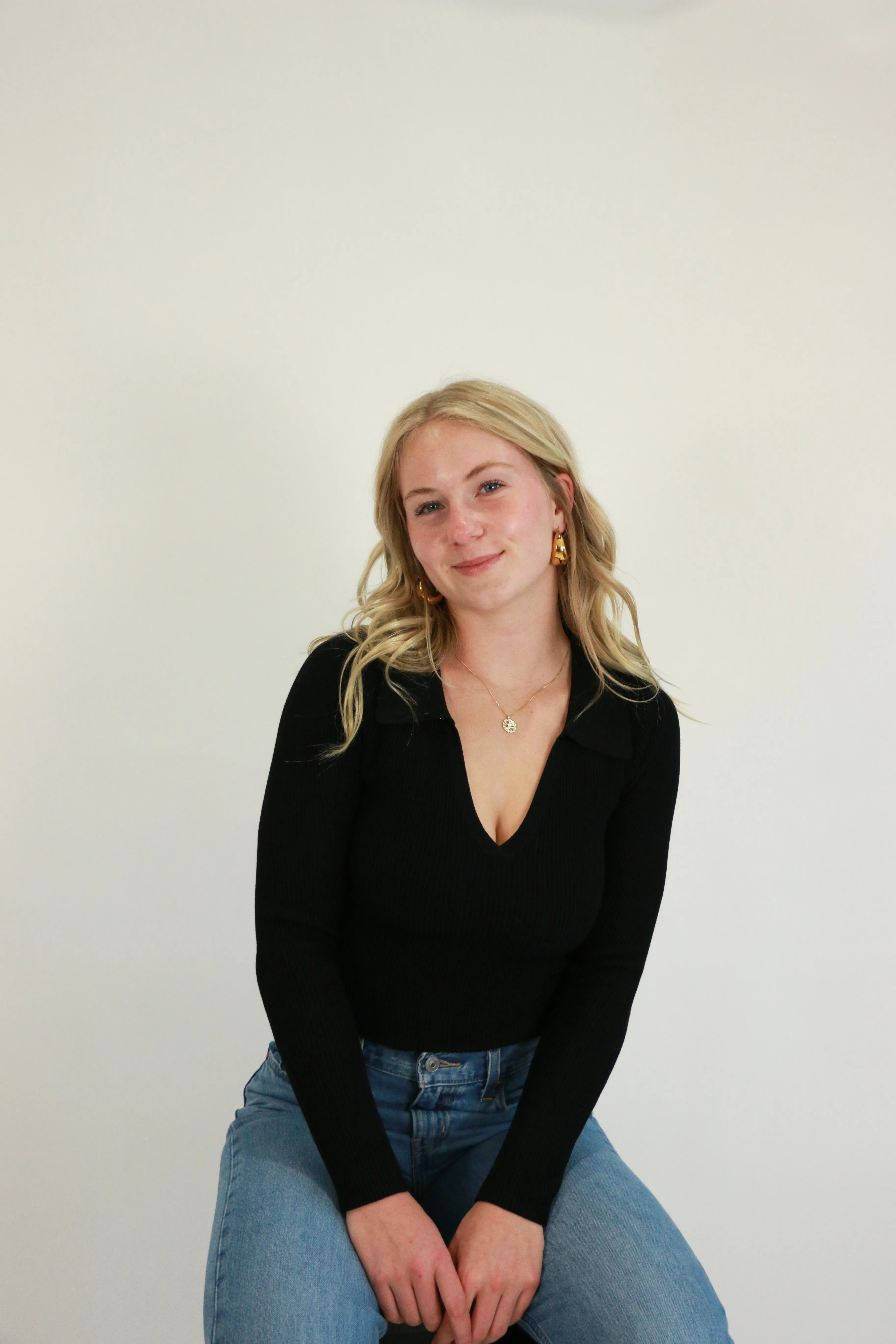 Shaper Rib-Knit Collared V-Neck Top | Black sold by Bella Chic