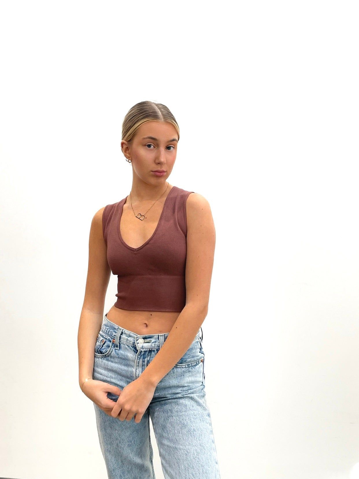 Bamboo Deep V Rib Top | Chestnut sold by Bella Chic