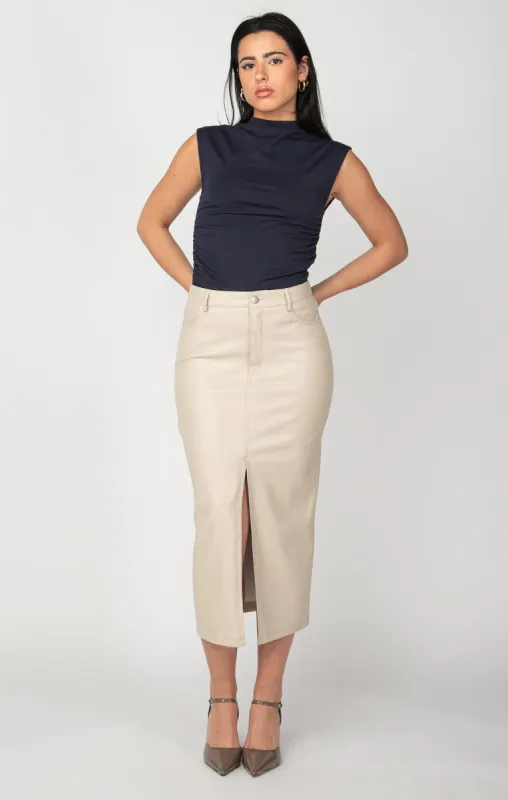 Faux Leather Midi Skirt | Cream Beige sold by Bella Chic