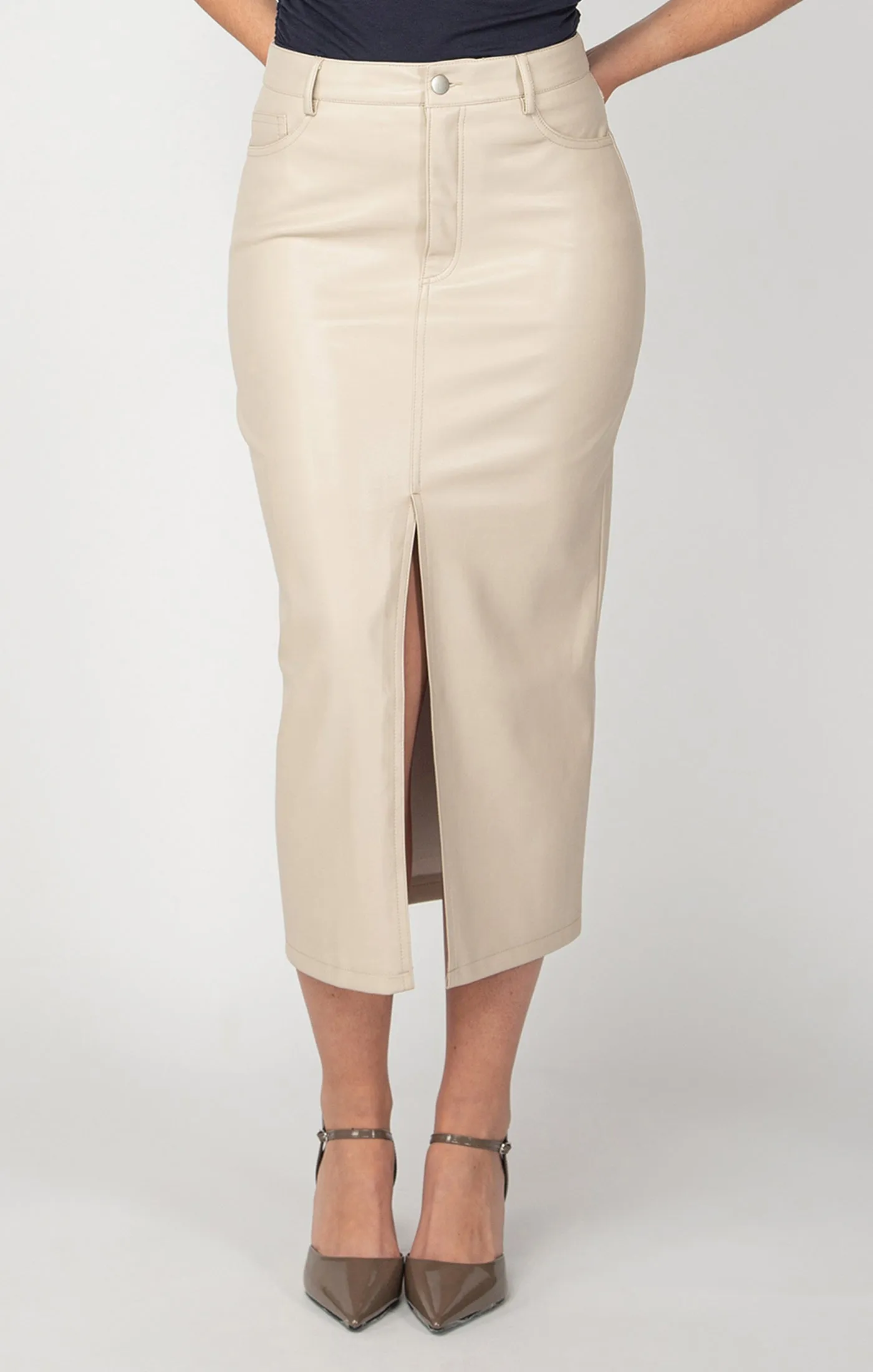 Faux Leather Midi Skirt | Cream Beige sold by Bella Chic product image thumbnail 2