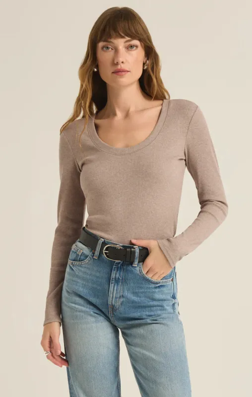 Sirena Rib Long Sleeve Tee | Heather Taupe sold by Bella Chic