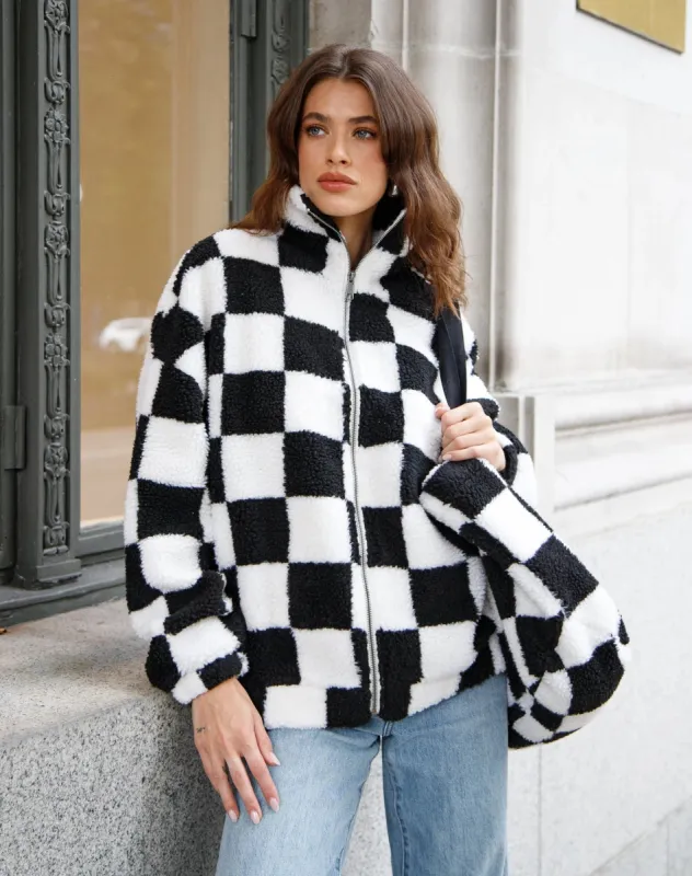 The Bianca' Checkerboard Zip Sherpa Jacket sold by Bella Chic