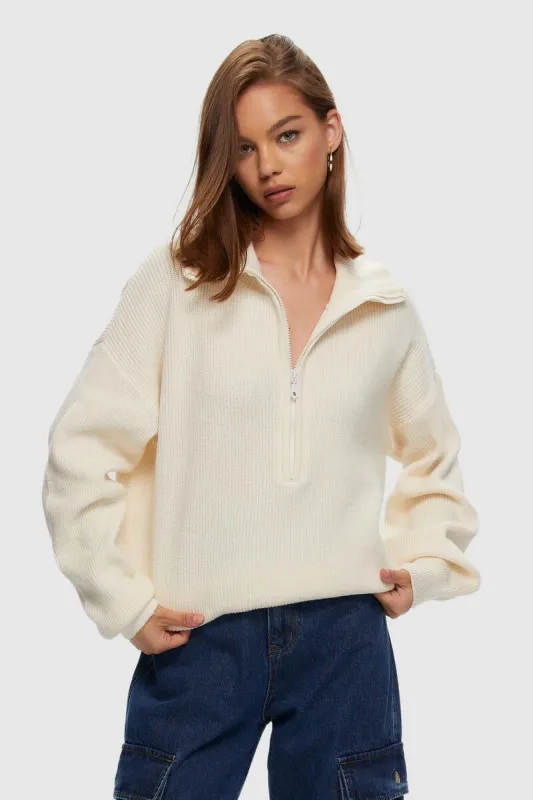 Longer Length Half Zip | Ivory Cream sold by Bella Chic