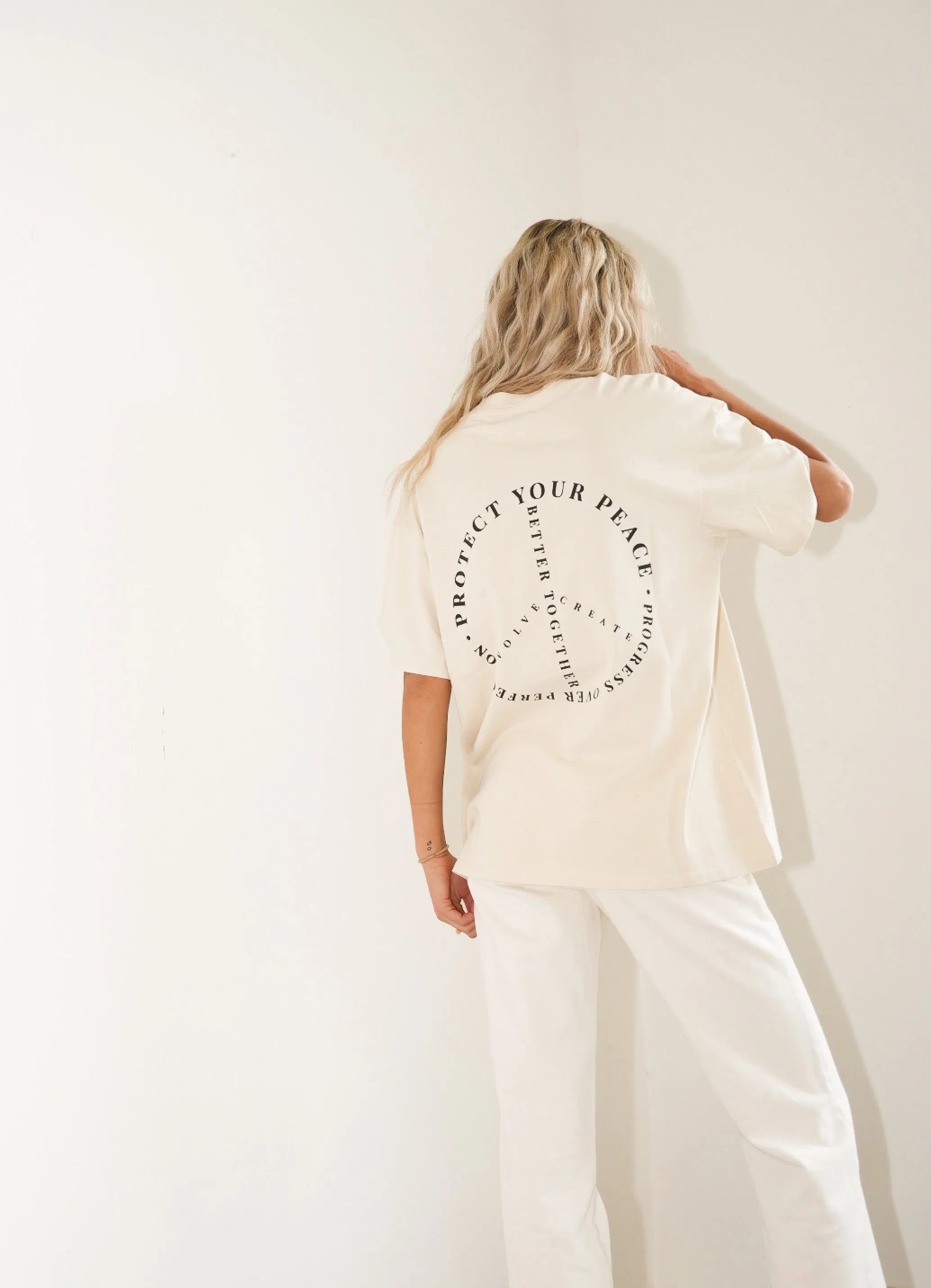 "PROTECT YOUR PEACE" Oversized Boxy Crew Neck Tee | Almond Milk sold by Bella Chic