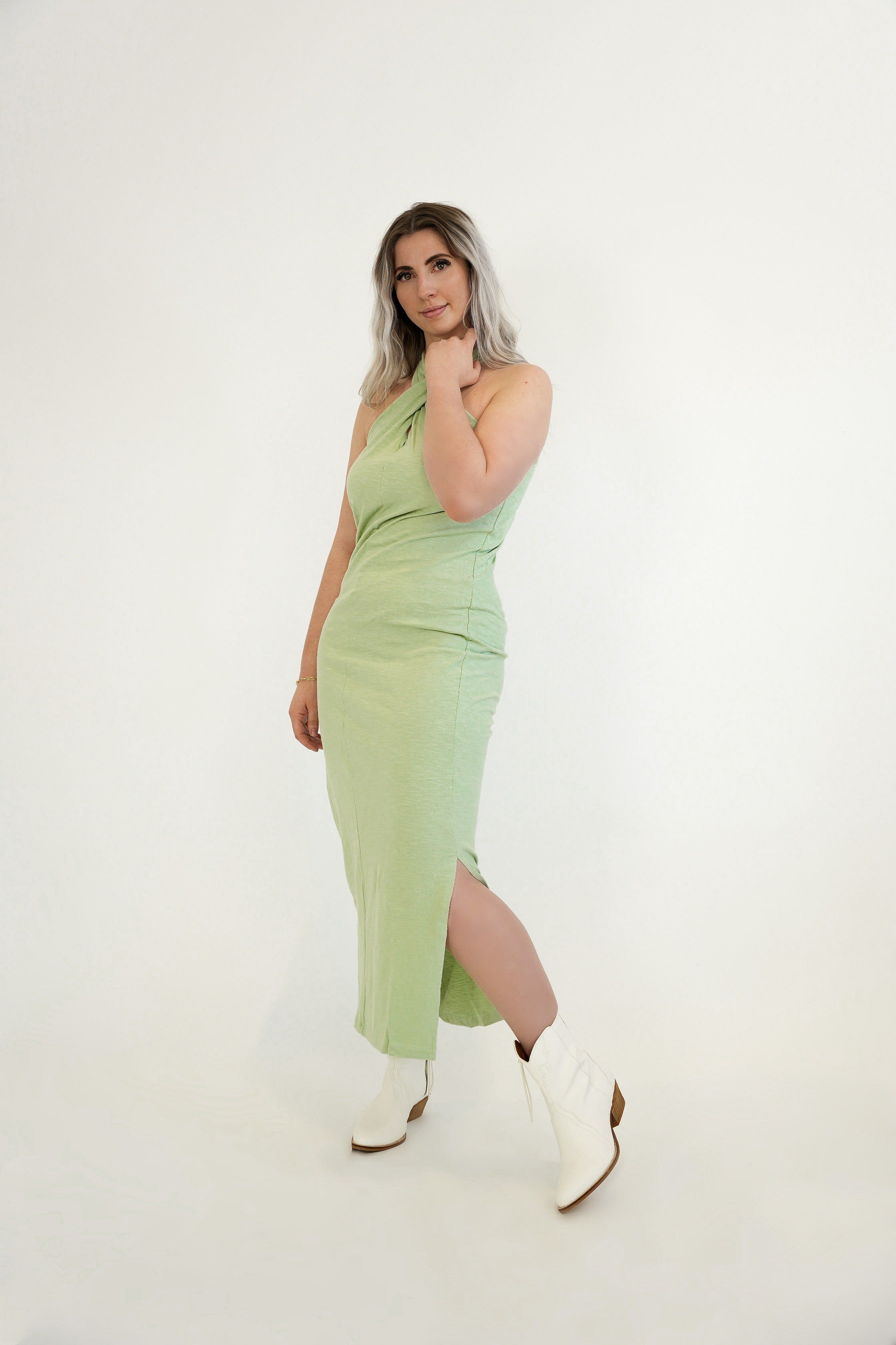 Hina Cross Over Halter Dress | Celedon sold by Bella Chic