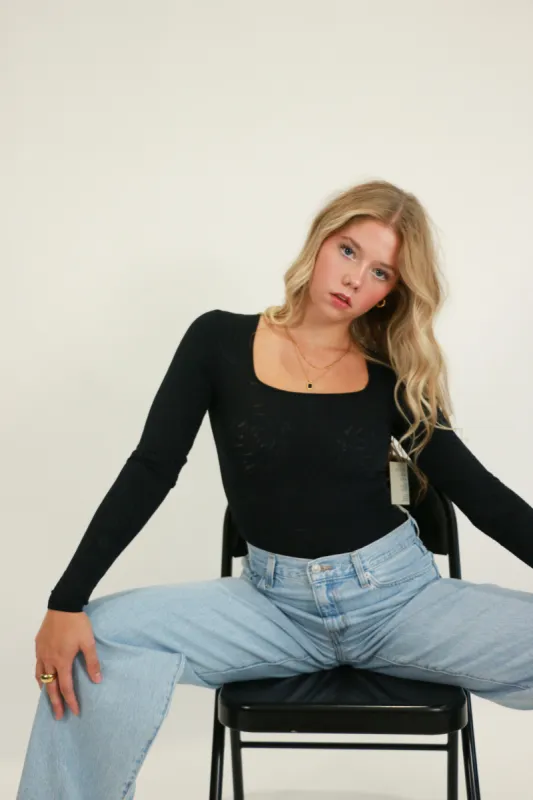 Stacy Square Neck Bodysuit | Black Patterned sold by Bella Chic