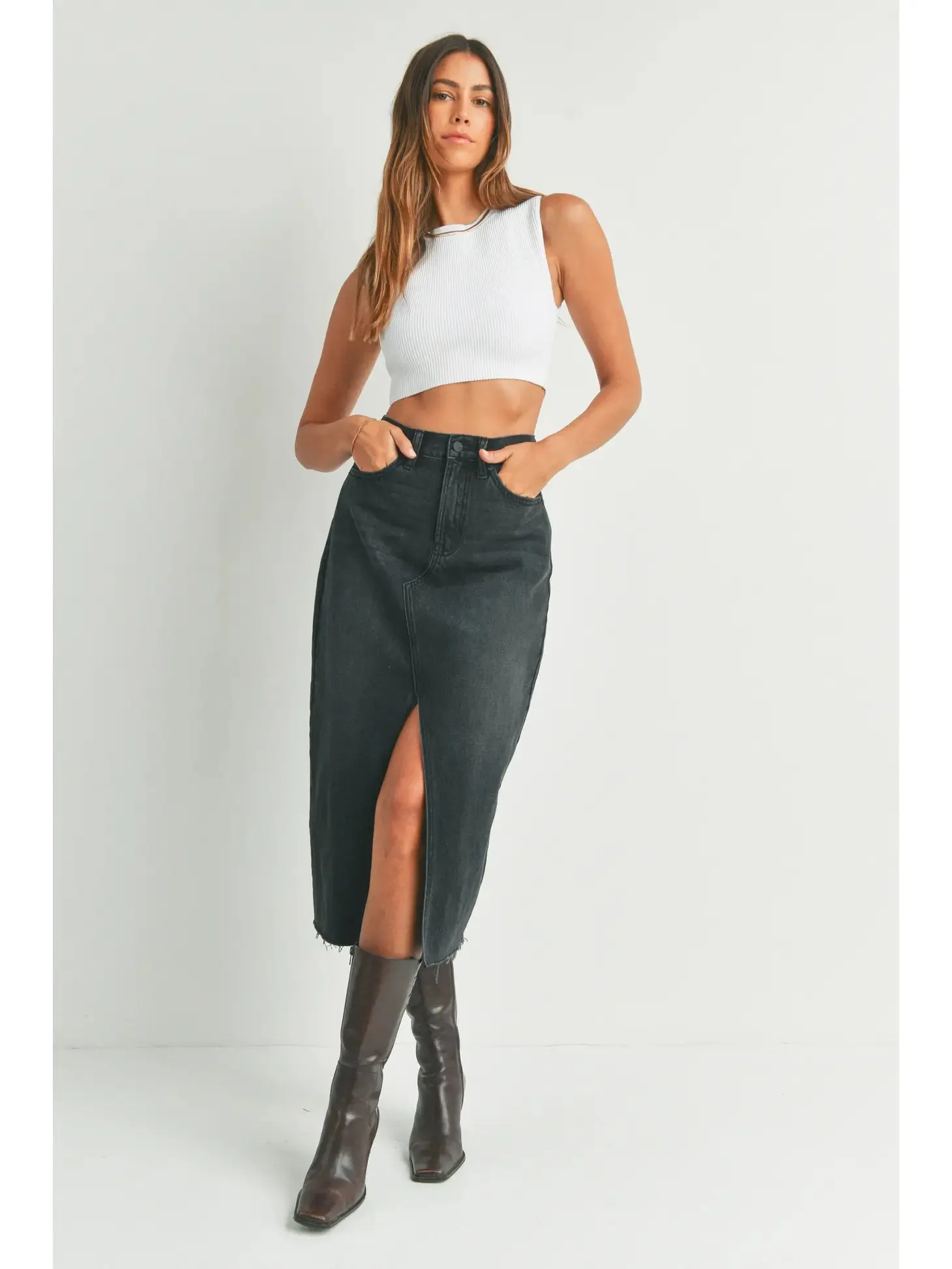 Sawyer Denim Split Skirt | Black sold by Bella Chic