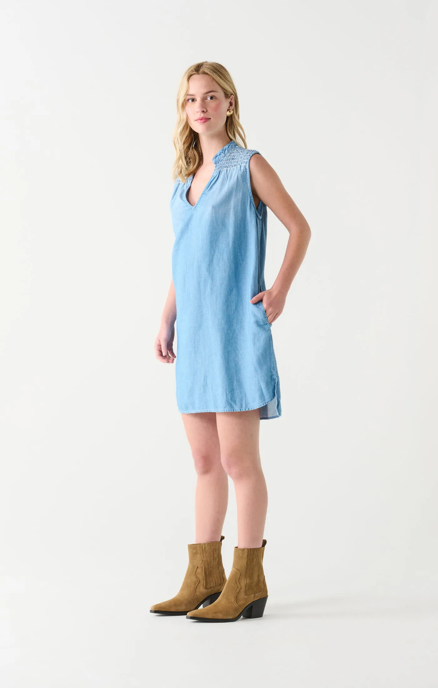 Smocked Shoulder Mini Dress | Chambray Wash sold by Bella Chic product image thumbnail 3