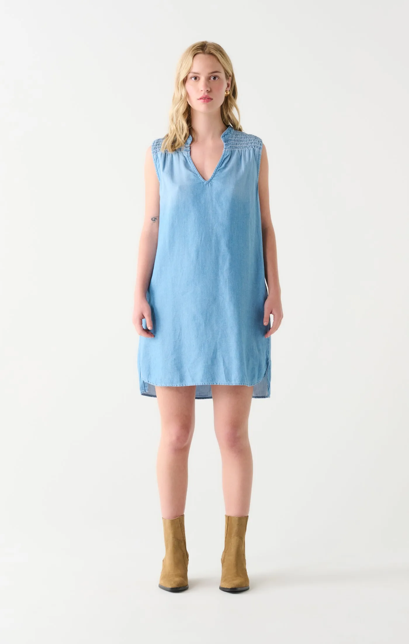 Smocked Shoulder Mini Dress | Chambray Wash sold by Bella Chic