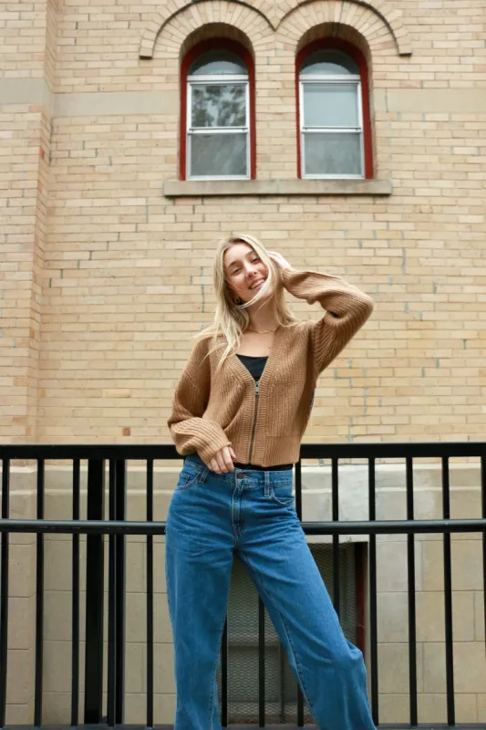 Geraldine Zip-Up Cardi | Camel sold by Bella Chic