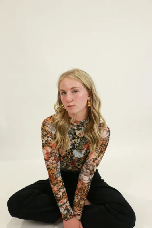 Floral Mesh Long-Sleeve Mock Neck Top sold by Bella Chic