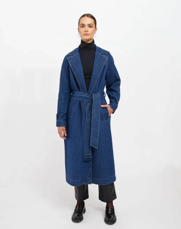 The Caitlin Denim Trench Coat | Indigo Denim sold by Bella Chic