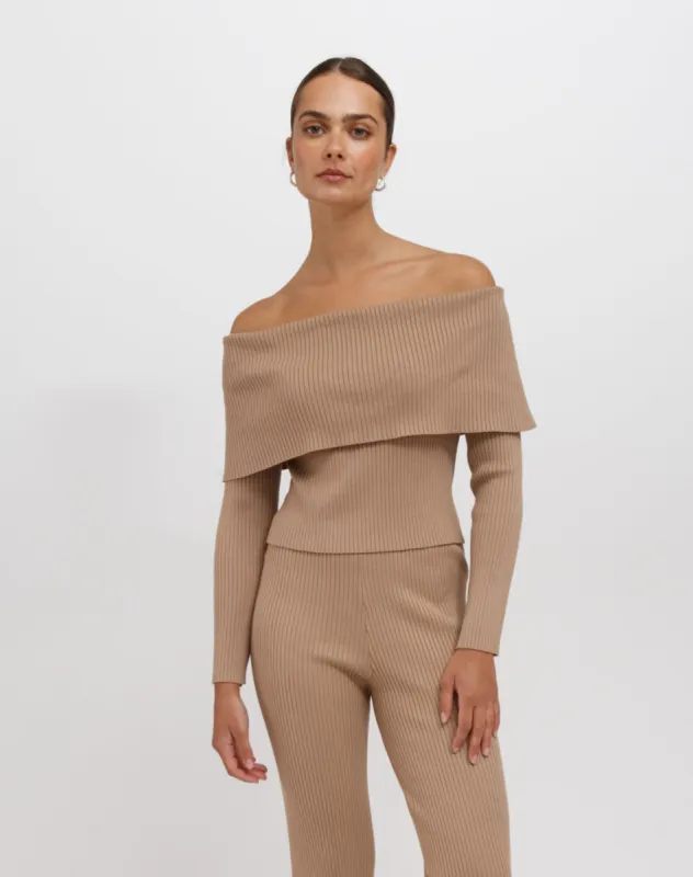 Elle Rib Knit Off the Shoulder Sweater | Fawn sold by Bella Chic