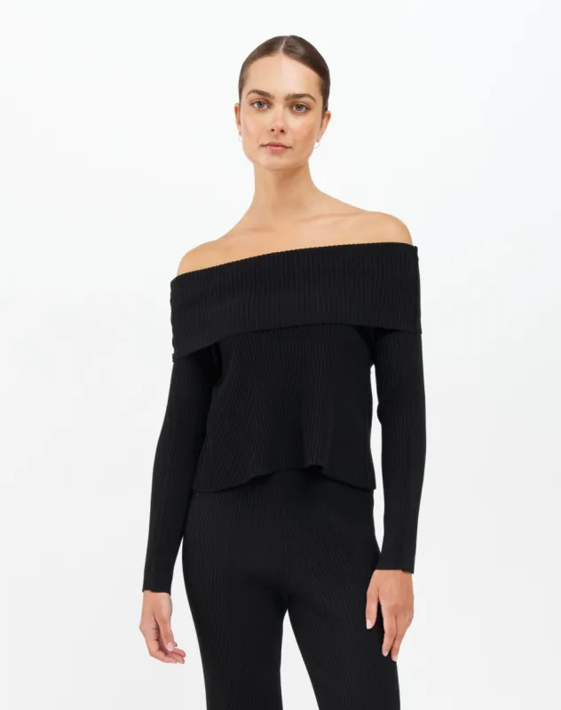 Elle Rib Knit Off the Shoulder Sweater | Black sold by Bella Chic