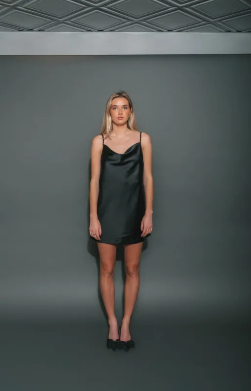 Satin Cowl Neck Mini Dress | Black sold by Bella Chic