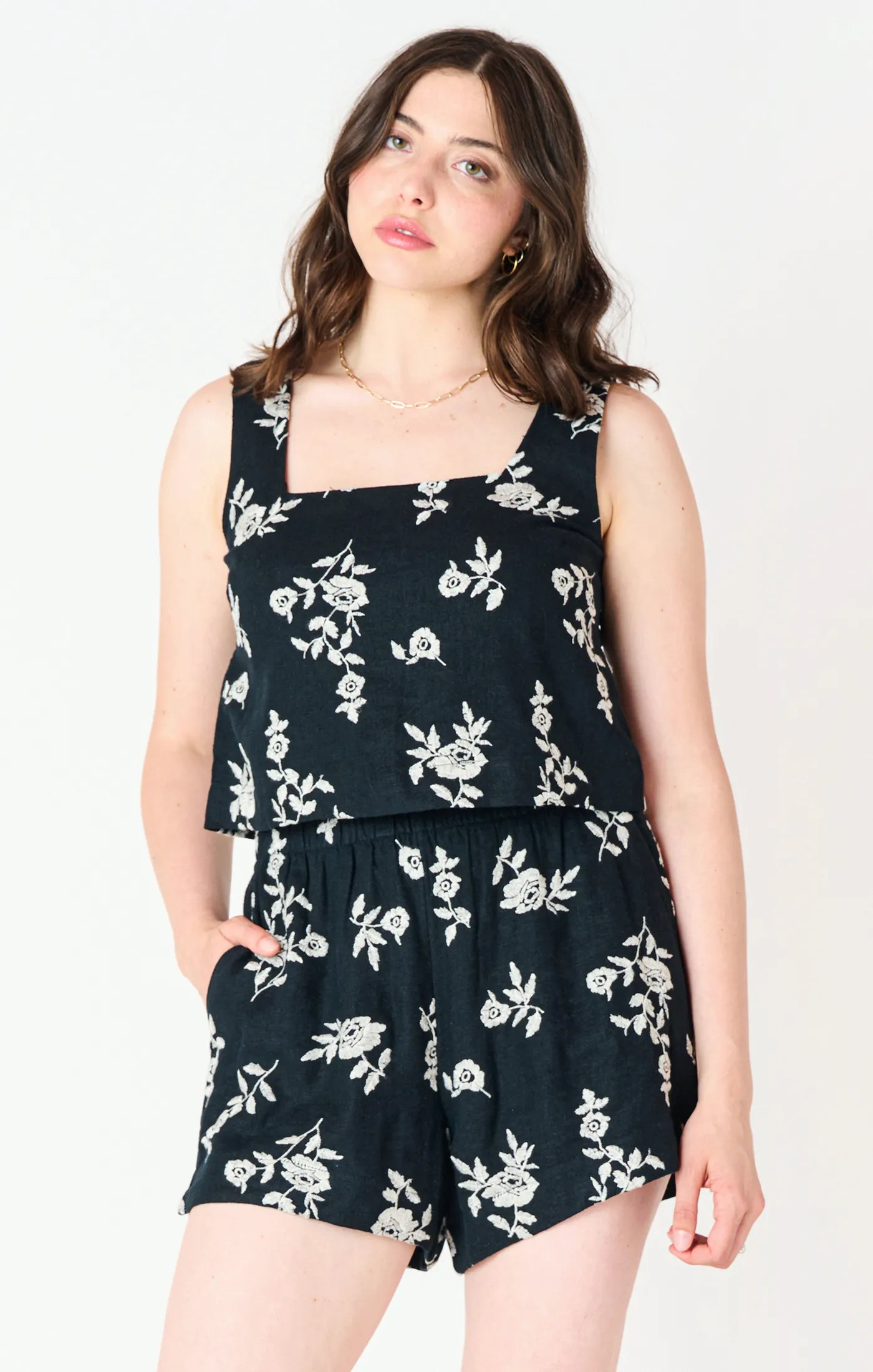 Embroidered Squareneck Top | Black/ Ivory Floral sold by Bella Chic