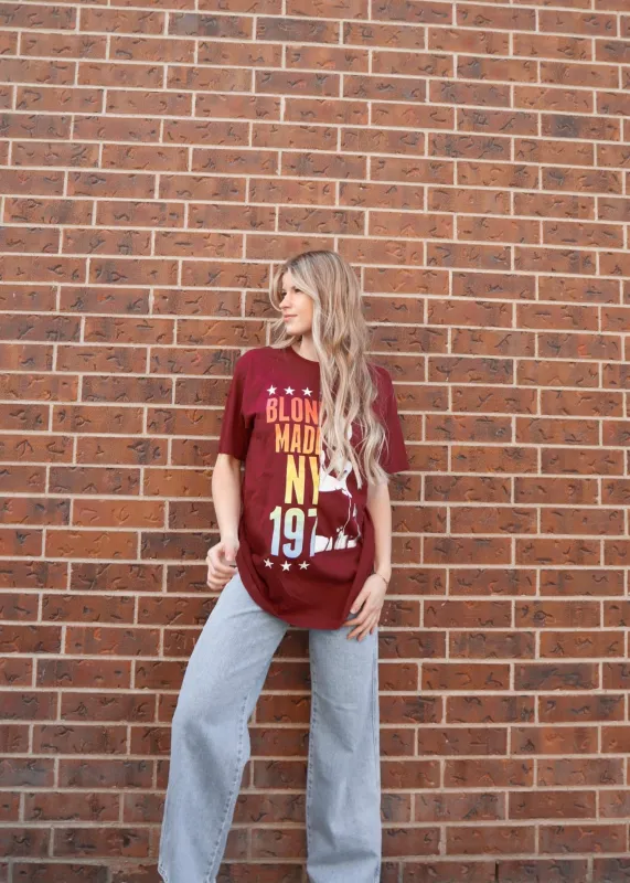 NY Blondie Split Graphic Tee | Maroon sold by Bella Chic