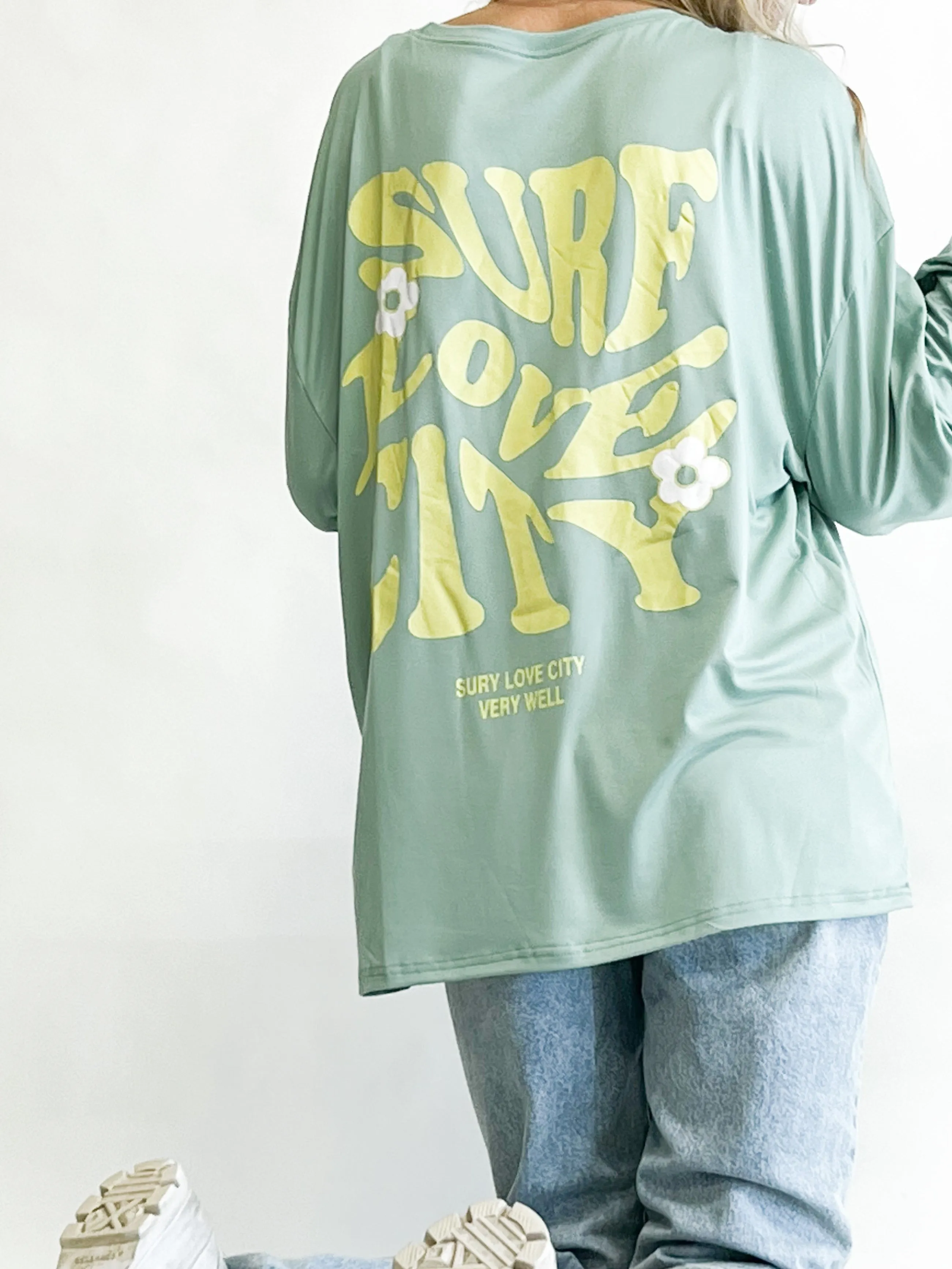 Surf City Graphic Long Sleeve | Teal Blue sold by Bella Chic