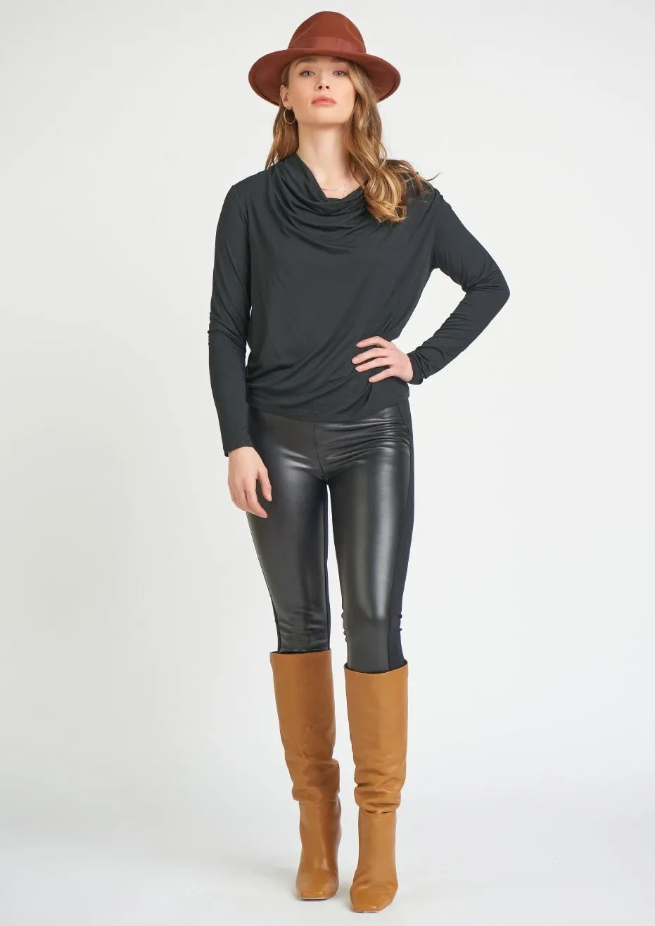 High Waist Half Leather Half Knit Legging | Black sold by Bella Chic