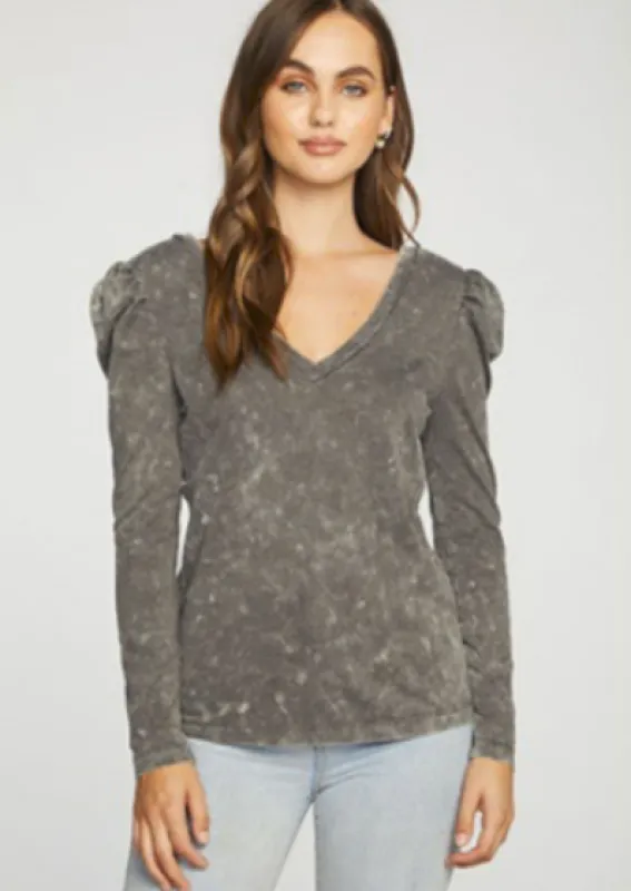 Chaser Recycled Vintage Jersey Puff Sleeve Double V Neck Tee | Mineral Wash sold by Bella Chic
