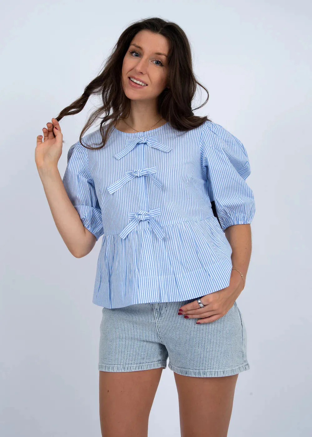 Tally Puff Sleeve Tie Front Top | Sky Blue sold by Bella Chic
