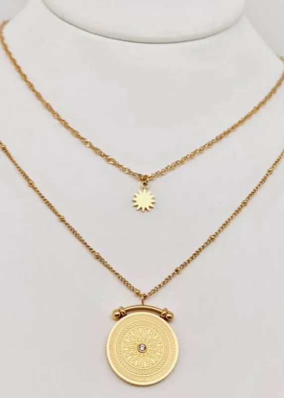 Sun Compass Double Layered Necklace | Gold sold by Bella Chic