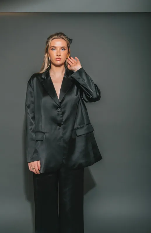 Satin Oversized Blazer | Black made by Brunette The Label