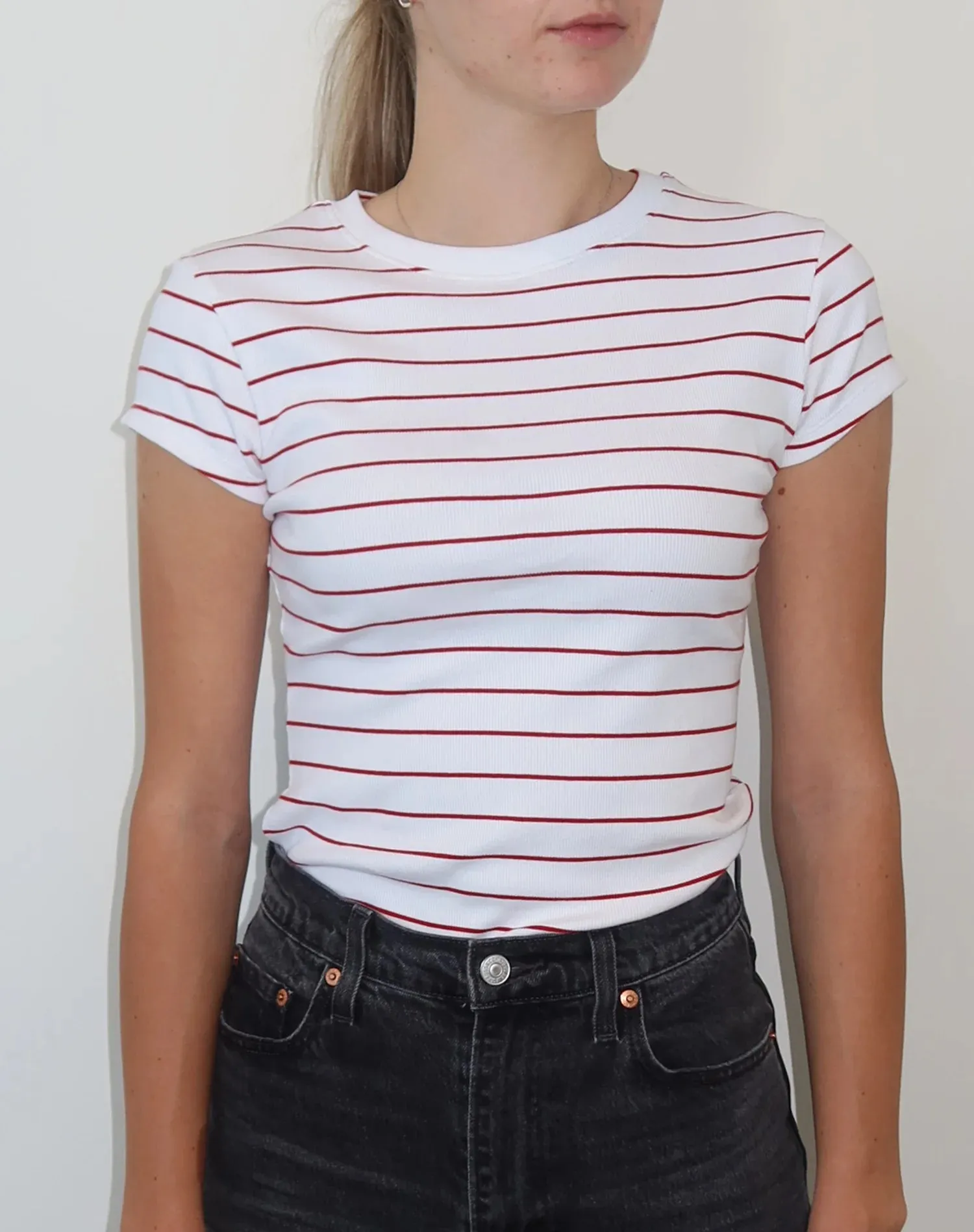 The Ribbed Fitted Tee | Red/ White Stripes sold by Bella Chic