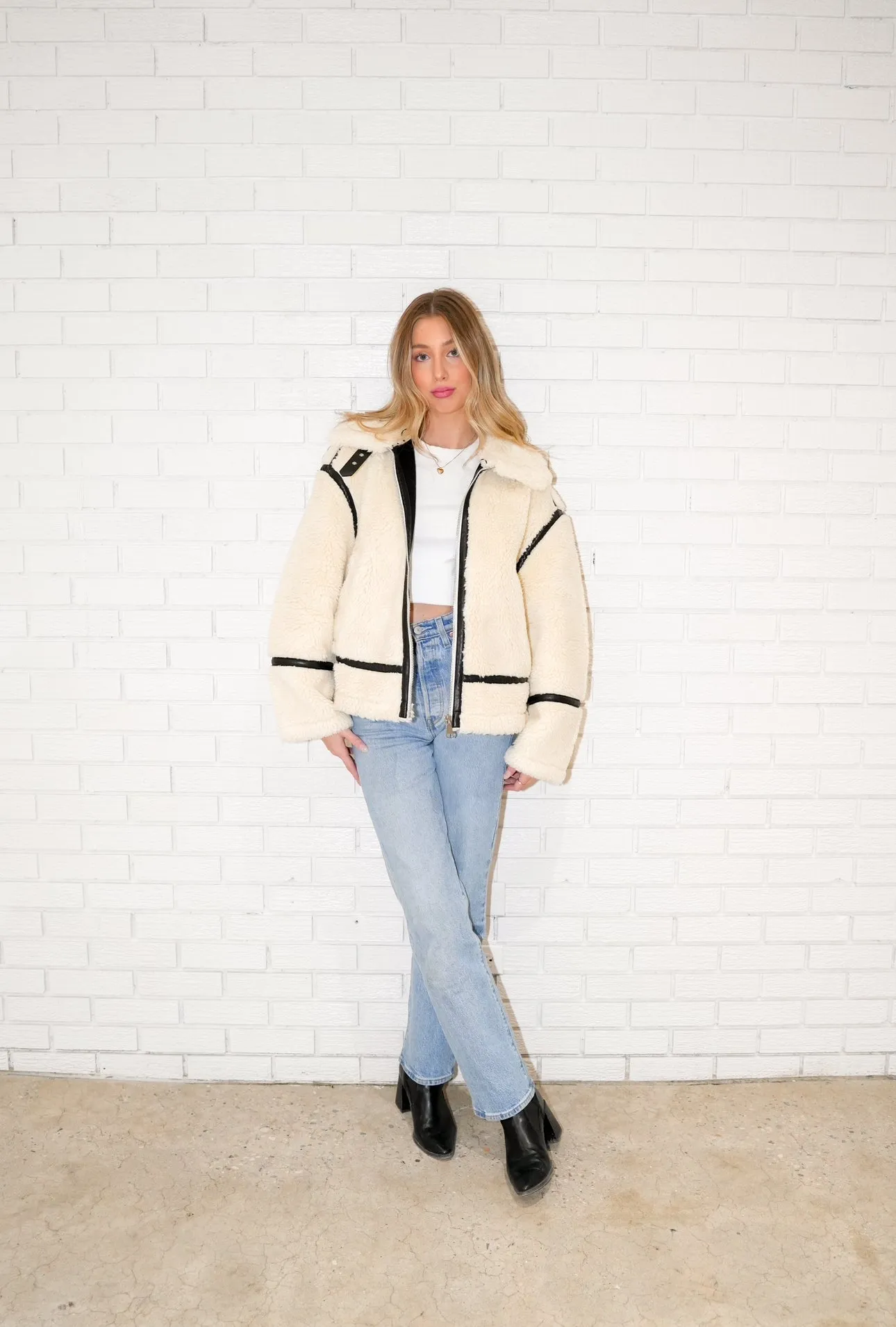 Alta Faux Fur Biker Jacket | Creme sold by Bella Chic