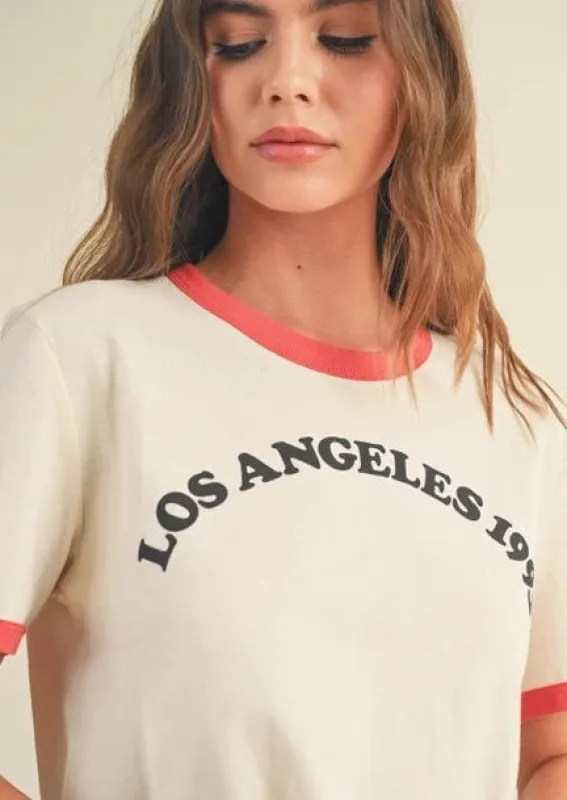City Print 'Los Angeles' Cotton Tee | Beige made by Bella Chic