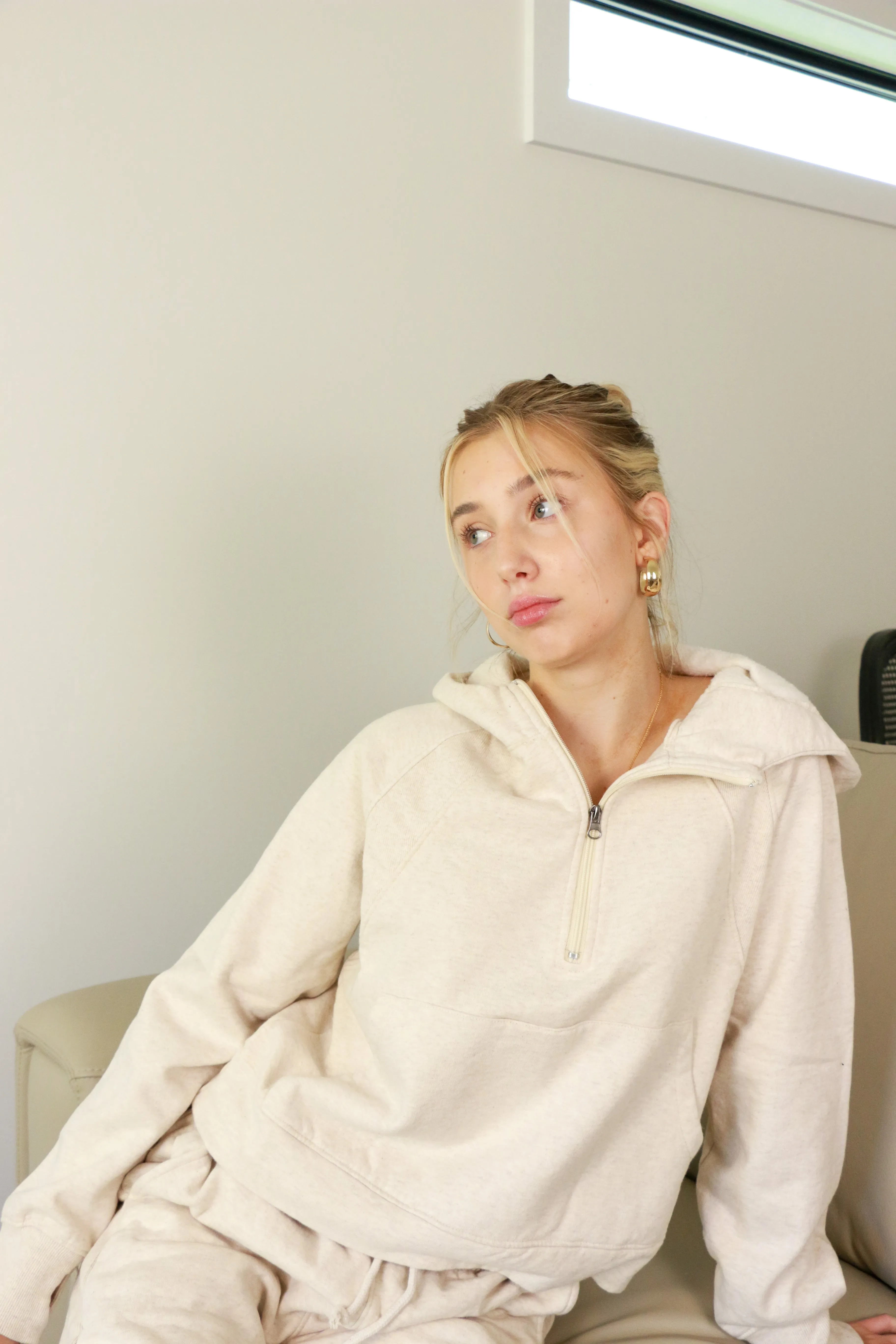 Amie Half Zip Hoodie | Heather Oatmeal sold by Bella Chic
