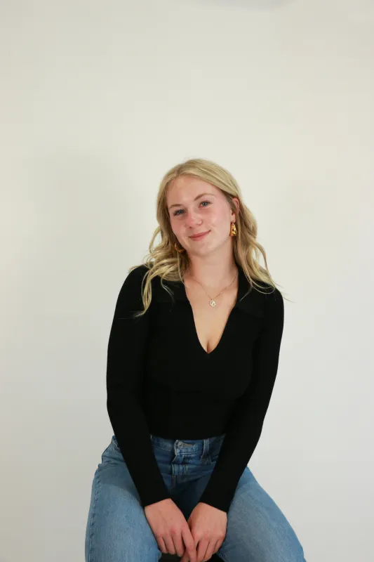 Shaper Rib-Knit Collared V-Neck Top | Black made by Bella Chic