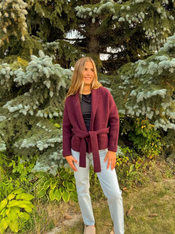 Sedona Shawl Collar Coatigan With Belt | Wine sold by Bella Chic