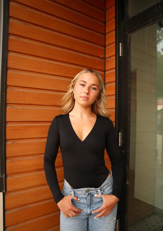 Elodie Wrap Longsleeve Bodysuit | Black made by RD Style