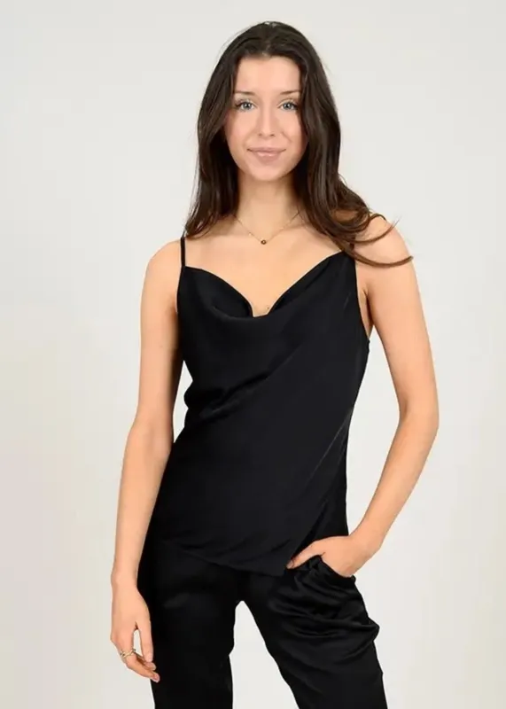 Coline Satin Cowl Tank | Black sold by Bella Chic