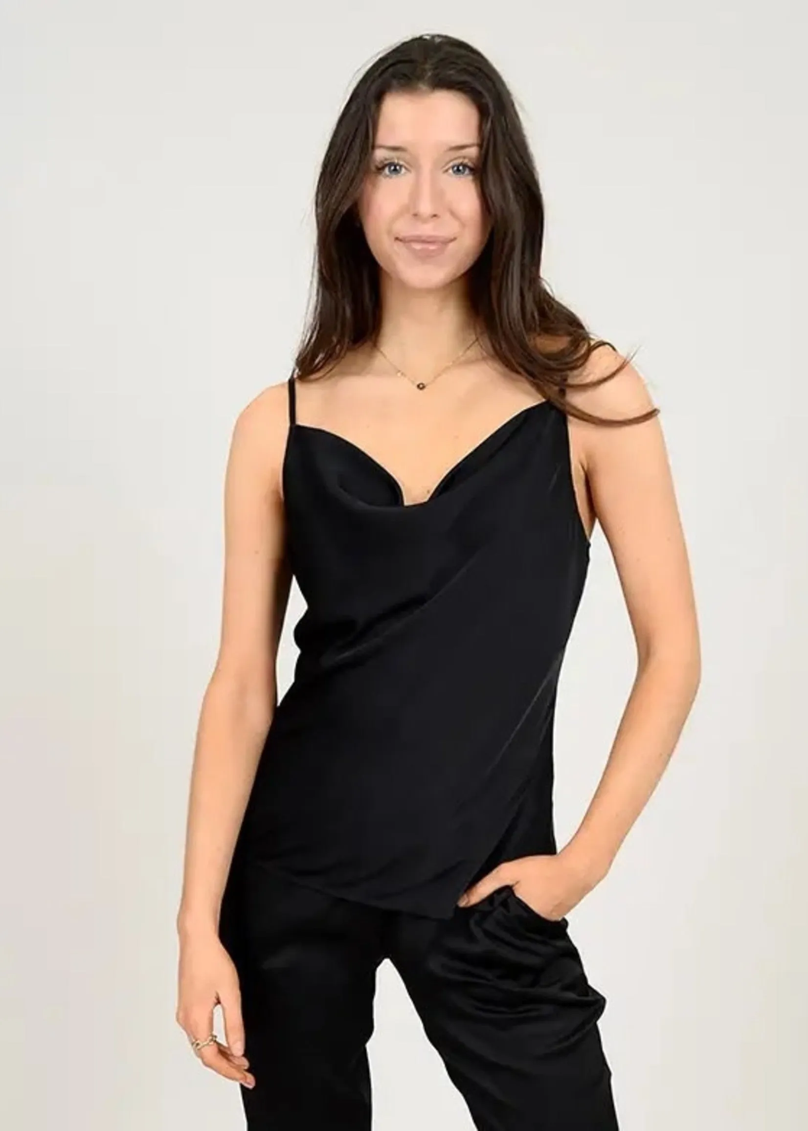 Coline Satin Cowl Tank | Black sold by Bella Chic