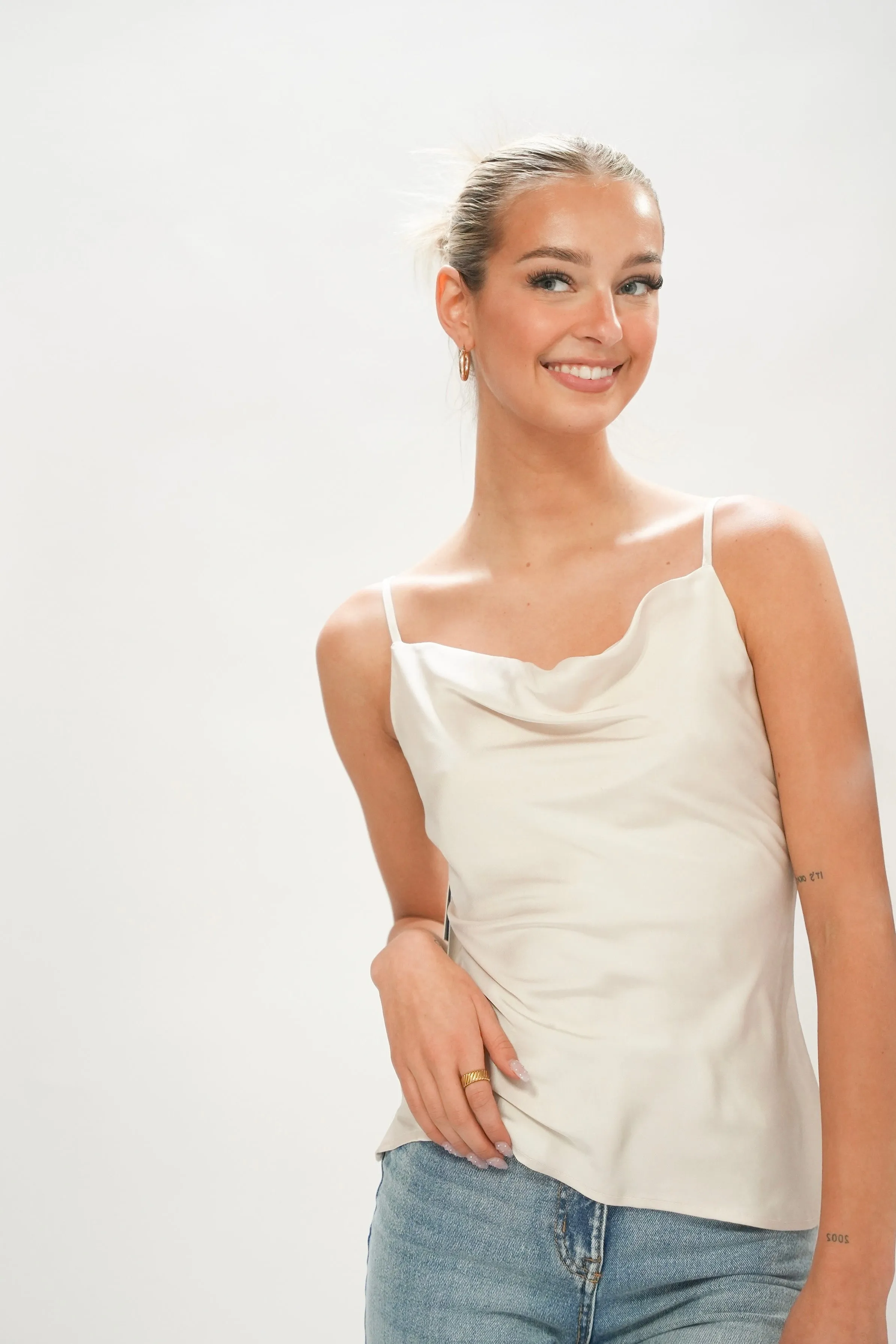 Coline Satin Cowl Tank | Truffle Salt sold by Bella Chic