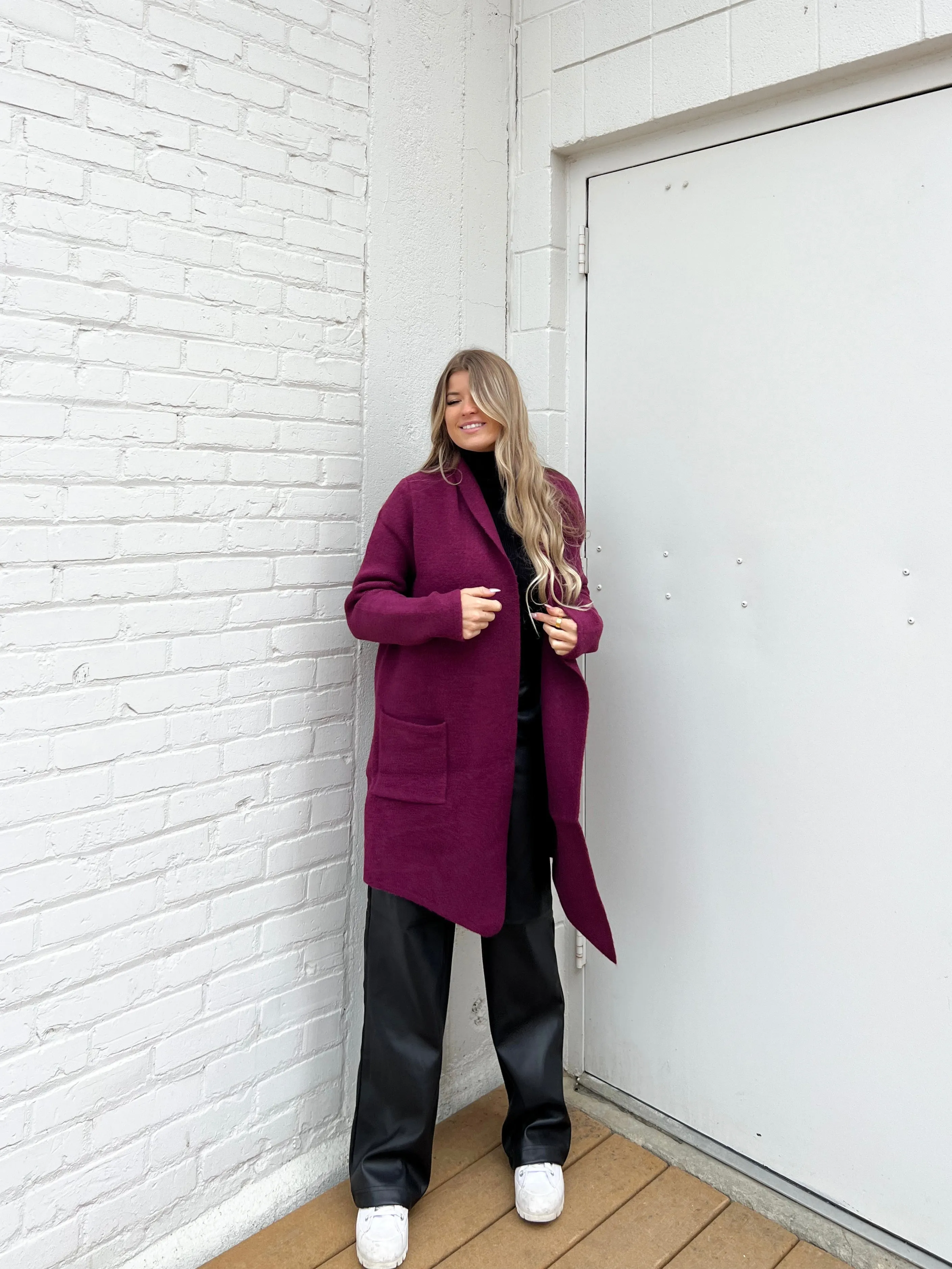 Michelle Patch Pocket Coatigan | Dark Violet sold by Bella Chic